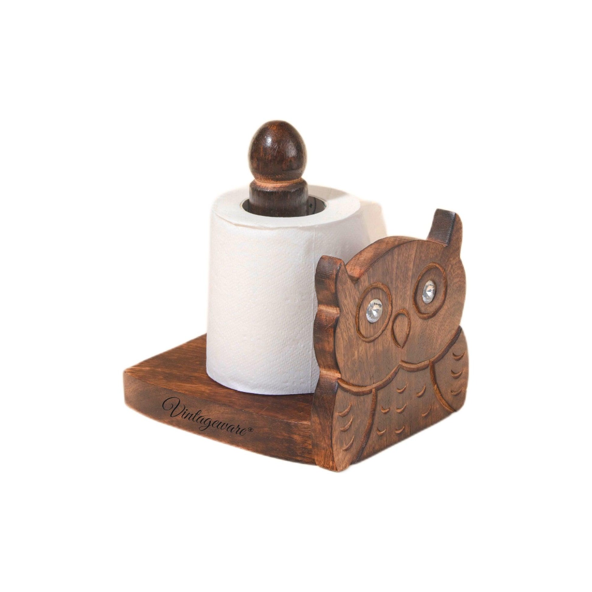 Wooden Tissue Roll Holder Owl Designed (Round Top) - Vintageware