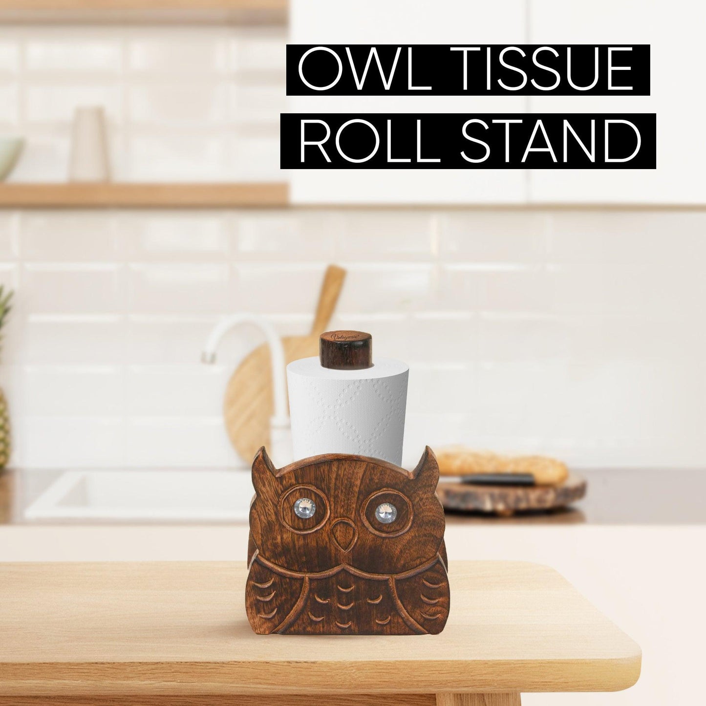 Wooden Tissue Roll Holder Owl Designed (Flat Top) - Vintageware